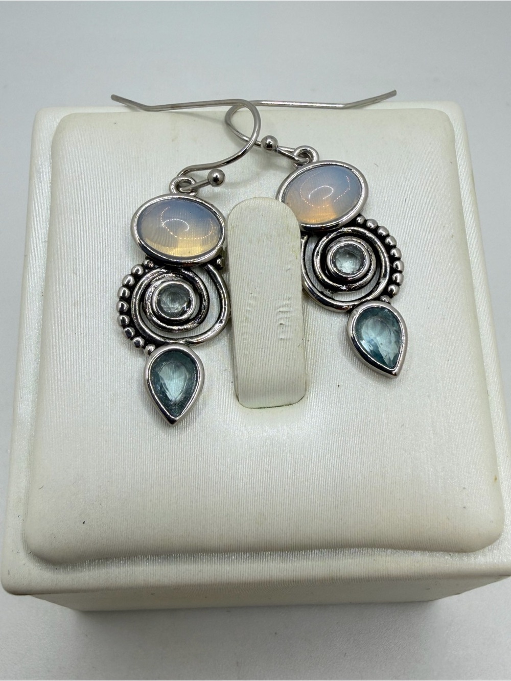 ~1.25" Opalite, light blue topaz stone dangle earrings in silver plated, s925!
